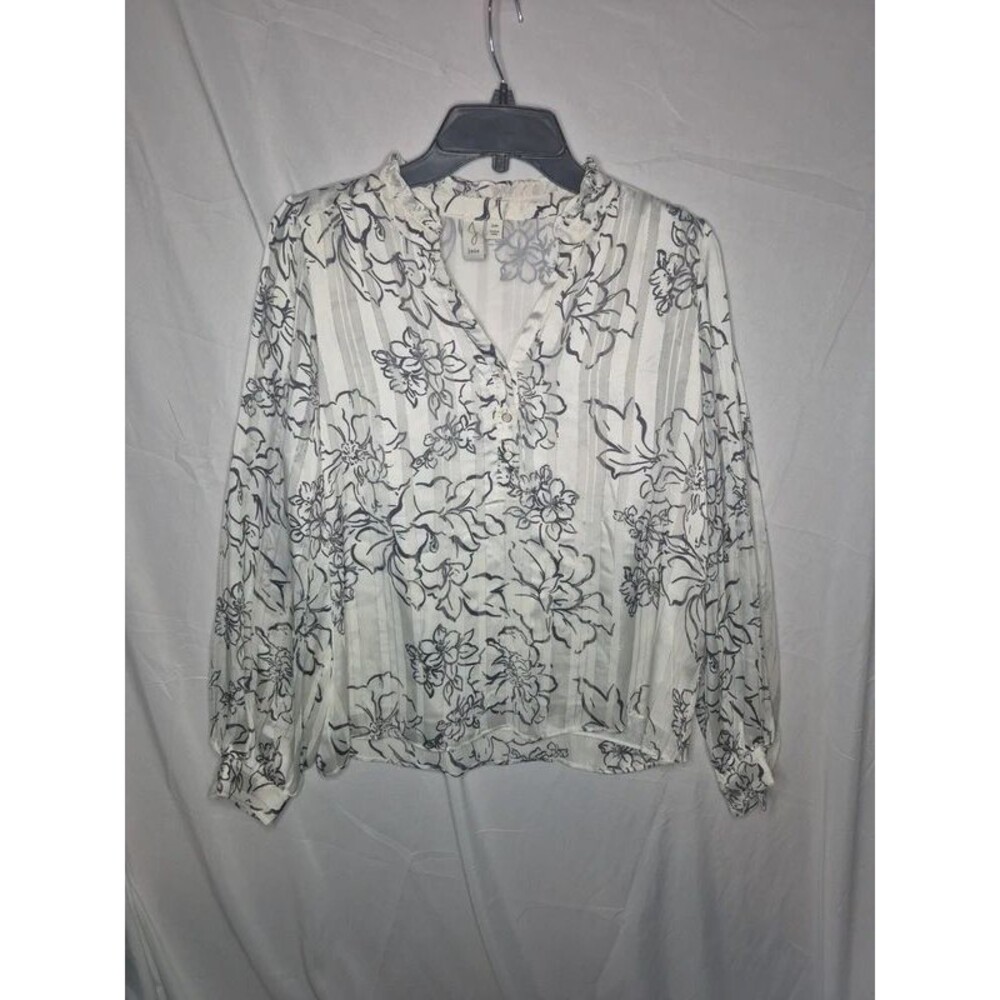 Joie White & Black Floral Print Ruffle Collar Long Sleeve Blouse